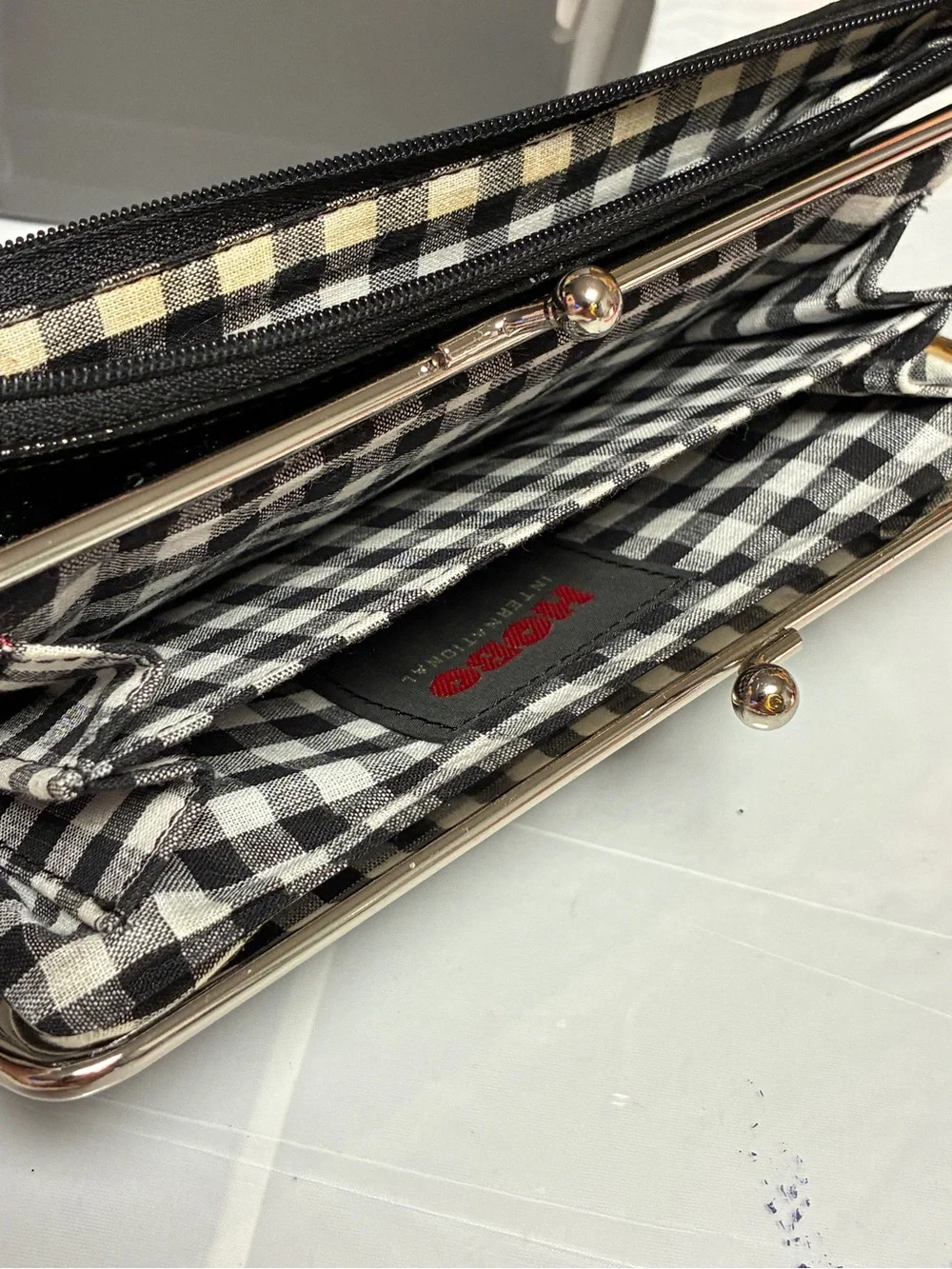 HOBO International Black Patent Finish Bow Kiss Lock Continental Wallet Clutch